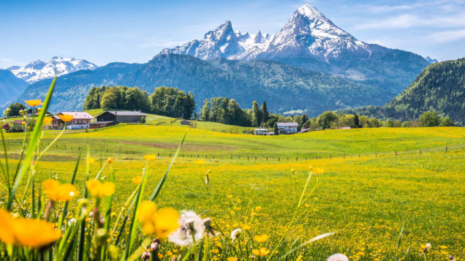 Idyllic alpine landscape with green meadows, farmhouses and snow