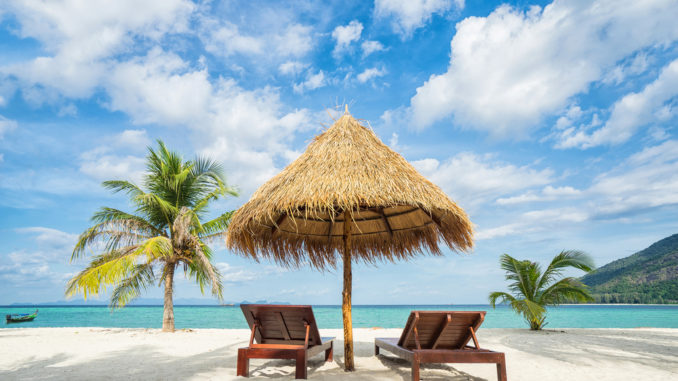 Vacation,In,Tropical,Countries.,Beach,Chairs,,Umbrella,And,Palms,On