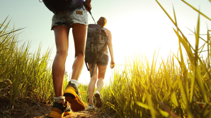 Hikers,With,Backpacks,Walking,Through,A,Meadow,With,Lush,Grass
